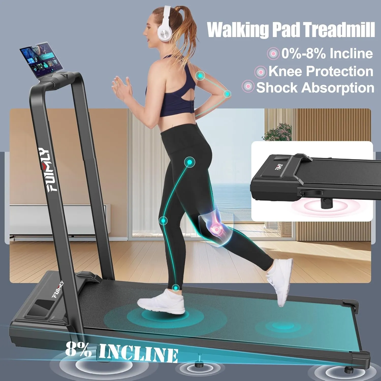 FUNMILY Incline Walking Pad Treadmill with Handle Bar,4 in 1 Under Desk Treadmills for Home,300lb Capacity,2.5HP Folding Compact Treadmills with Remote Control,LED Touch Screen,Electric Machine