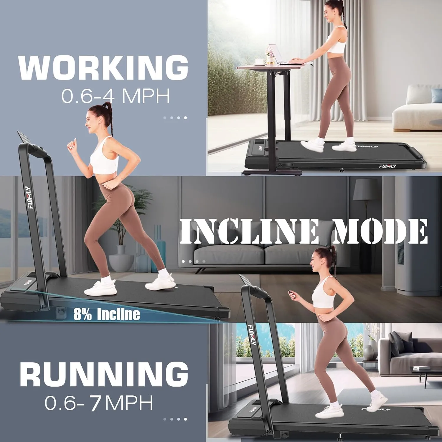 FUNMILY Incline Walking Pad Treadmill with Handle Bar,4 in 1 Under Desk Treadmills for Home,300lb Capacity,2.5HP Folding Compact Treadmills with Remote Control,LED Touch Screen,Electric Machine