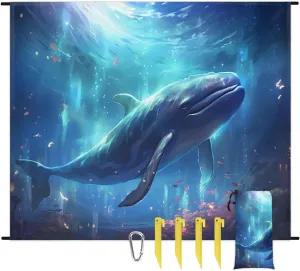 Funny Whale Beach Blanket, Sandproof Beach Mat, 68 x 59 Waterproof Quick Drying Sand Free Mat with 4 x Ground Spikes for Outdoor Travel Camping Hiking, Whale