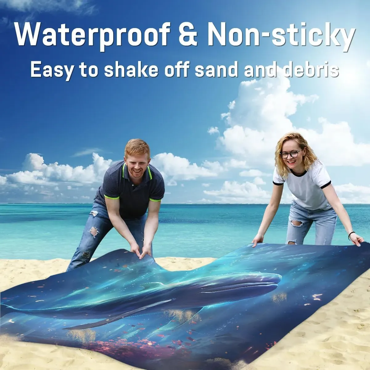 Funny Whale Beach Blanket, Sandproof Beach Mat, 68 x 59 Waterproof Quick Drying Sand Free Mat with 4 x Ground Spikes for Outdoor Travel Camping Hiking, Whale