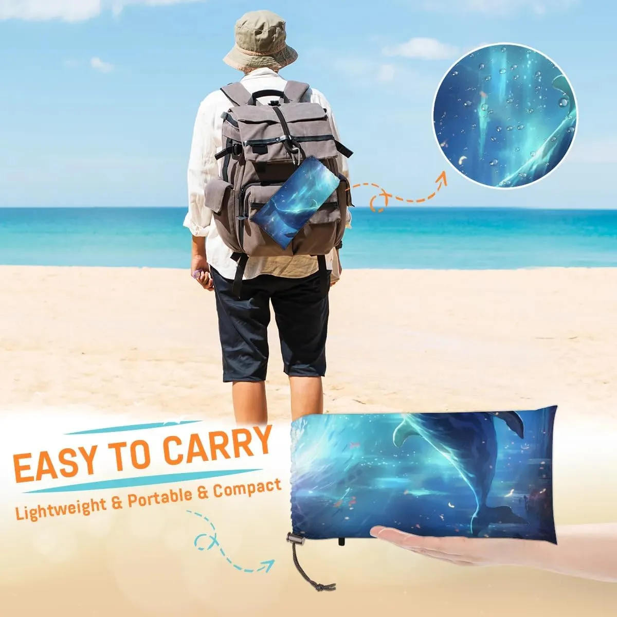 Funny Whale Beach Blanket, Sandproof Beach Mat, 68 x 59 Waterproof Quick Drying Sand Free Mat with 4 x Ground Spikes for Outdoor Travel Camping Hiking, Whale