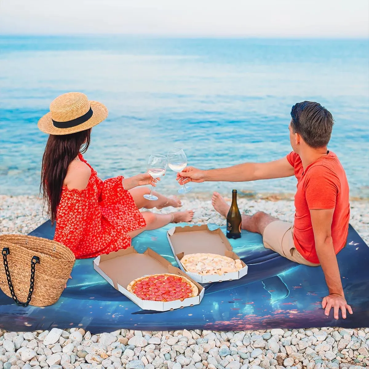 Funny Whale Beach Blanket, Sandproof Beach Mat, 68 x 59 Waterproof Quick Drying Sand Free Mat with 4 x Ground Spikes for Outdoor Travel Camping Hiking, Whale