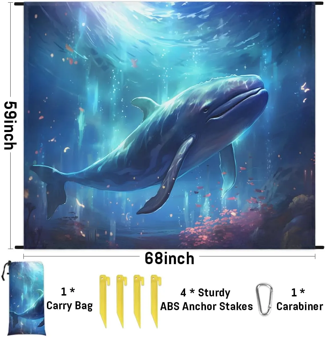 Funny Whale Beach Blanket, Sandproof Beach Mat, 68 x 59 Waterproof Quick Drying Sand Free Mat with 4 x Ground Spikes for Outdoor Travel Camping Hiking, Whale