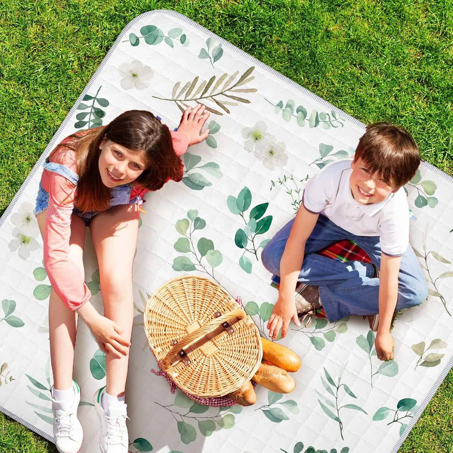 Funtery 43 x 43 Inch Boho Baby Play Mat Portable Crawling Washable Foldable Tummy Time Non Slip Baby Floor Large Playpen Mat for Infants Toddlers Floor Playpen Activity(Eucalyptus Leaves)