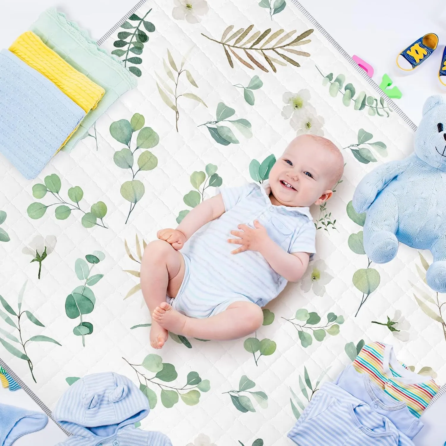 Funtery 43 x 43 Inch Boho Baby Play Mat Portable Crawling Washable Foldable Tummy Time Non Slip Baby Floor Large Playpen Mat for Infants Toddlers Floor Playpen Activity(Eucalyptus Leaves)