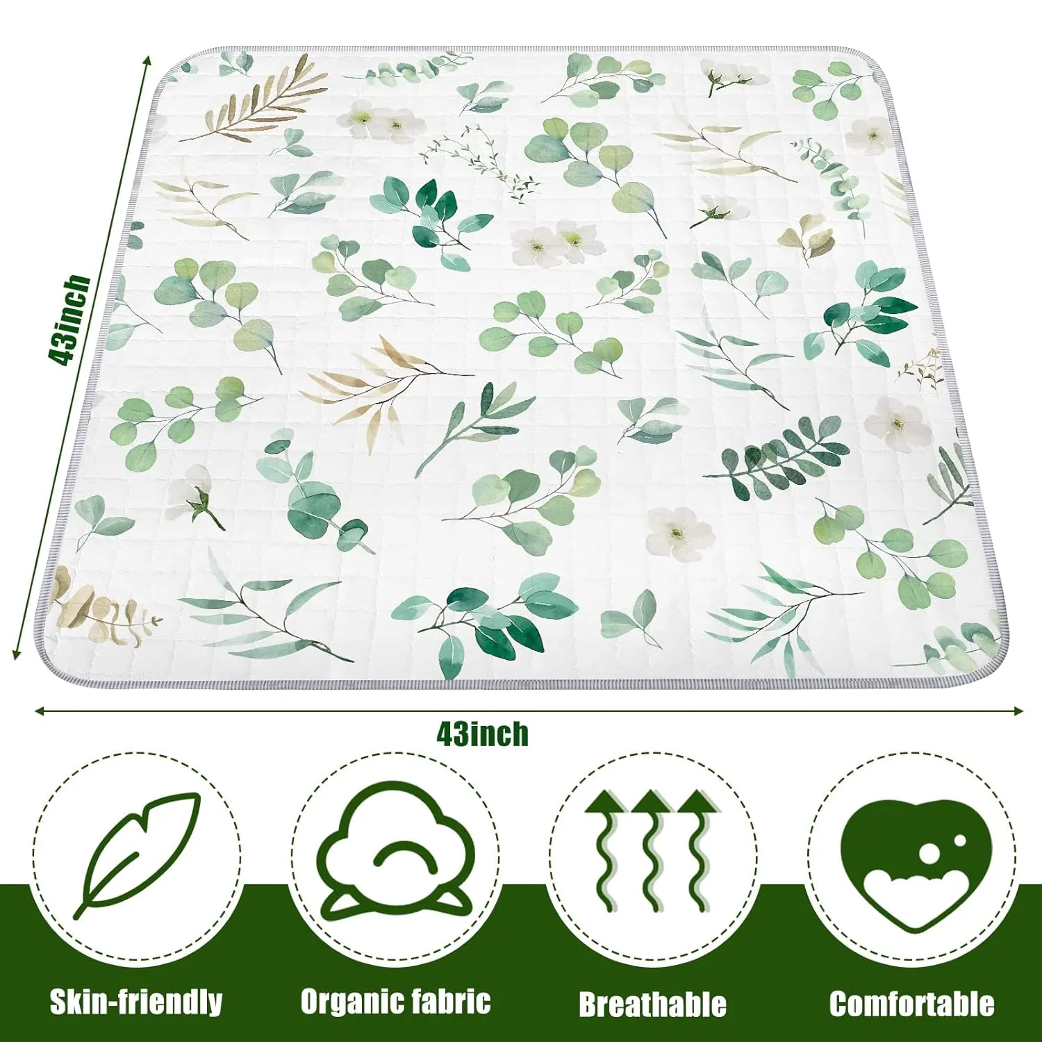 Funtery 43 x 43 Inch Boho Baby Play Mat Portable Crawling Washable Foldable Tummy Time Non Slip Baby Floor Large Playpen Mat for Infants Toddlers Floor Playpen Activity(Eucalyptus Leaves)