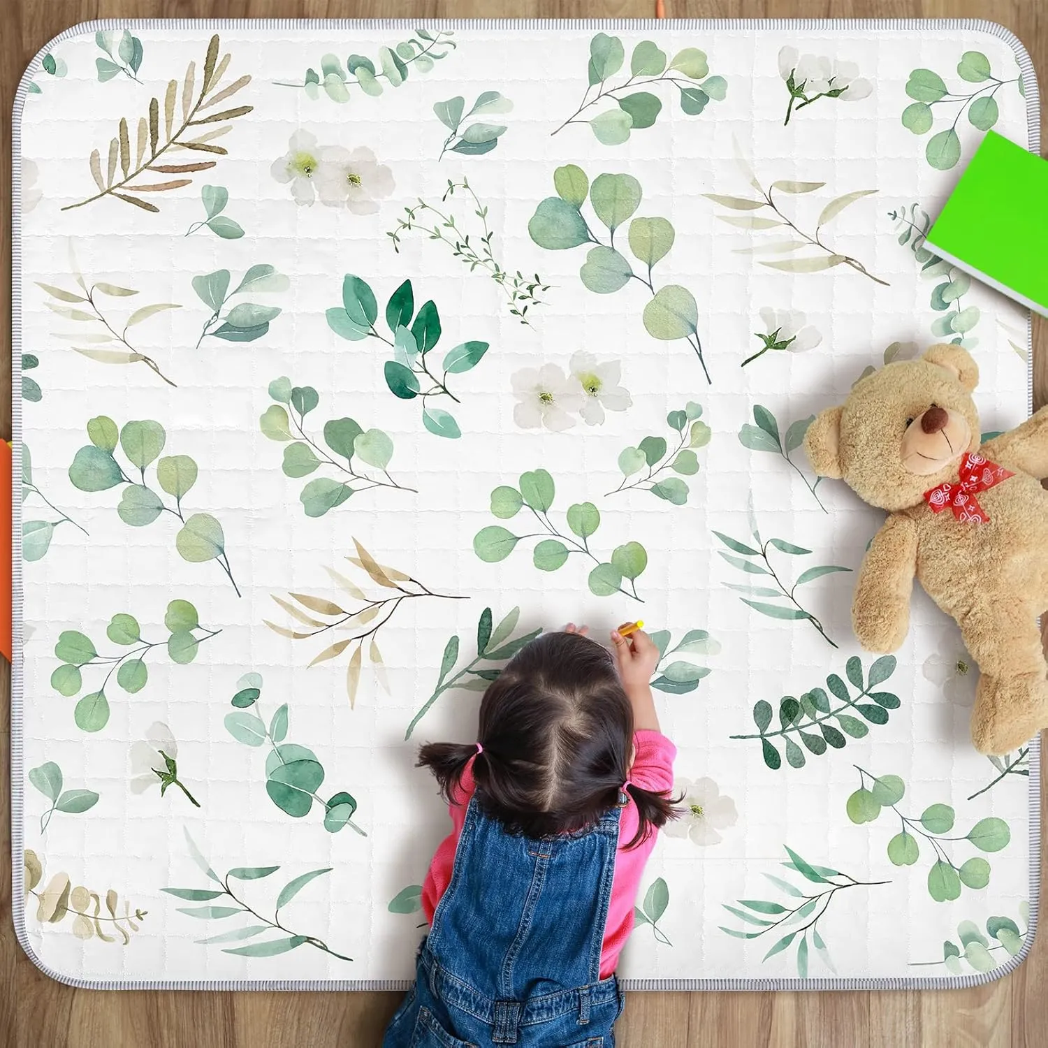 Funtery 43 x 43 Inch Boho Baby Play Mat Portable Crawling Washable Foldable Tummy Time Non Slip Baby Floor Large Playpen Mat for Infants Toddlers Floor Playpen Activity(Eucalyptus Leaves)