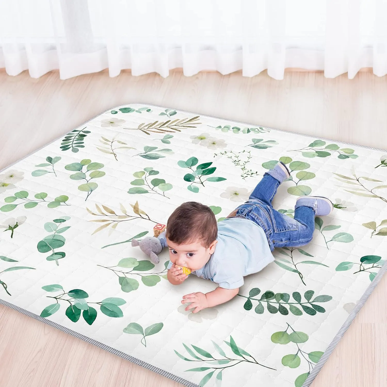 Funtery 43 x 43 Inch Boho Baby Play Mat Portable Crawling Washable Foldable Tummy Time Non Slip Baby Floor Large Playpen Mat for Infants Toddlers Floor Playpen Activity(Eucalyptus Leaves)