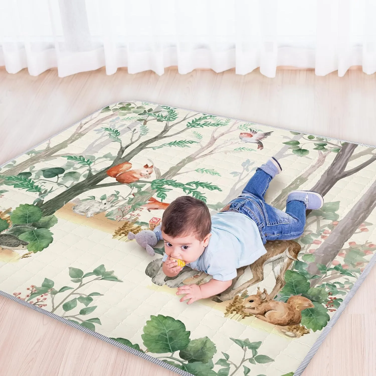 Funtery 43 x 43 Inch Boho Baby Play Mat Portable Crawling Washable Foldable Tummy Time Non Slip Baby Floor Large Playpen Mat for Infants Toddlers Floor Playpen Activity(Jungle Animal)