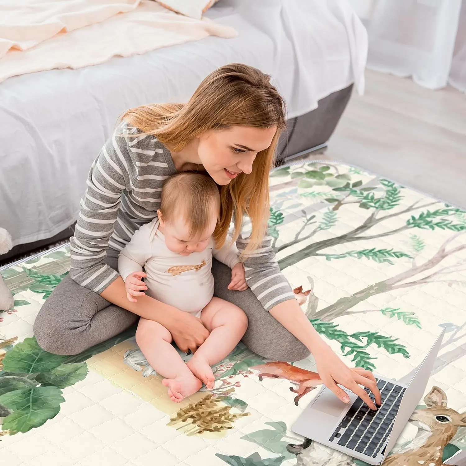 Funtery 43 x 43 Inch Boho Baby Play Mat Portable Crawling Washable Foldable Tummy Time Non Slip Baby Floor Large Playpen Mat for Infants Toddlers Floor Playpen Activity(Jungle Animal)