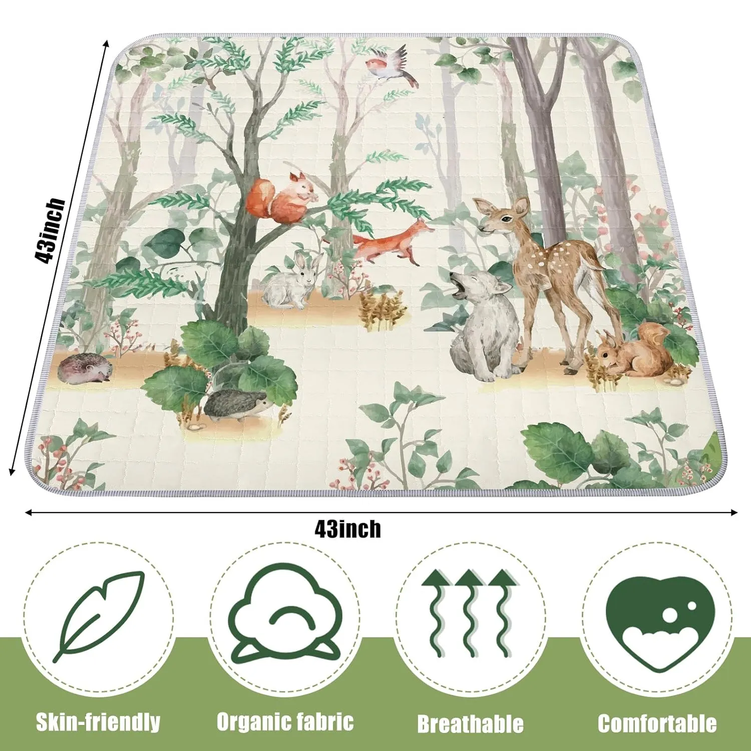 Funtery 43 x 43 Inch Boho Baby Play Mat Portable Crawling Washable Foldable Tummy Time Non Slip Baby Floor Large Playpen Mat for Infants Toddlers Floor Playpen Activity(Jungle Animal)