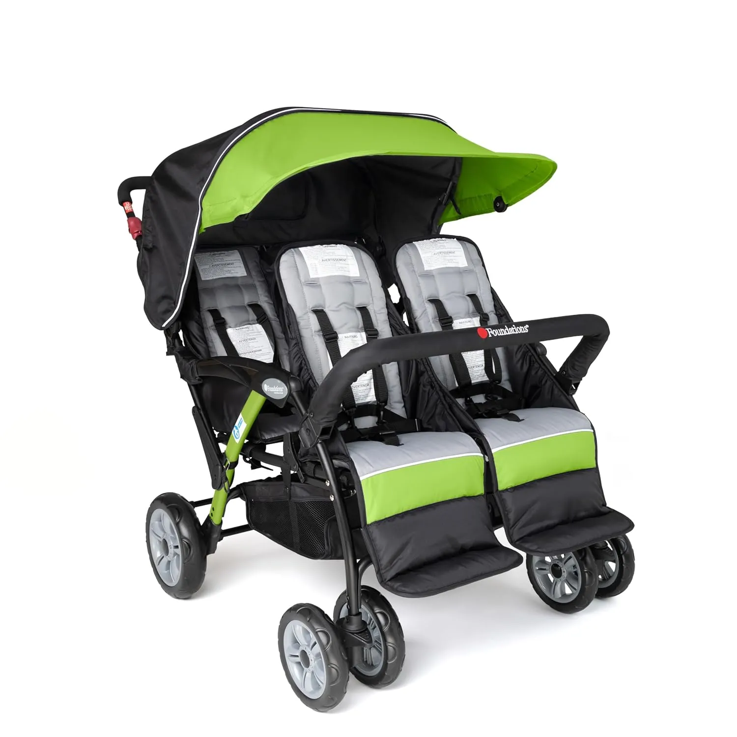 Gaggle by Foundations Sport Quad 4 Seat Stroller | 4-Seat Stroller for Daycare | Oversized UV Blocking Canopy | 5-Point Harness | Easy Loading | Storage Bucket | Lime