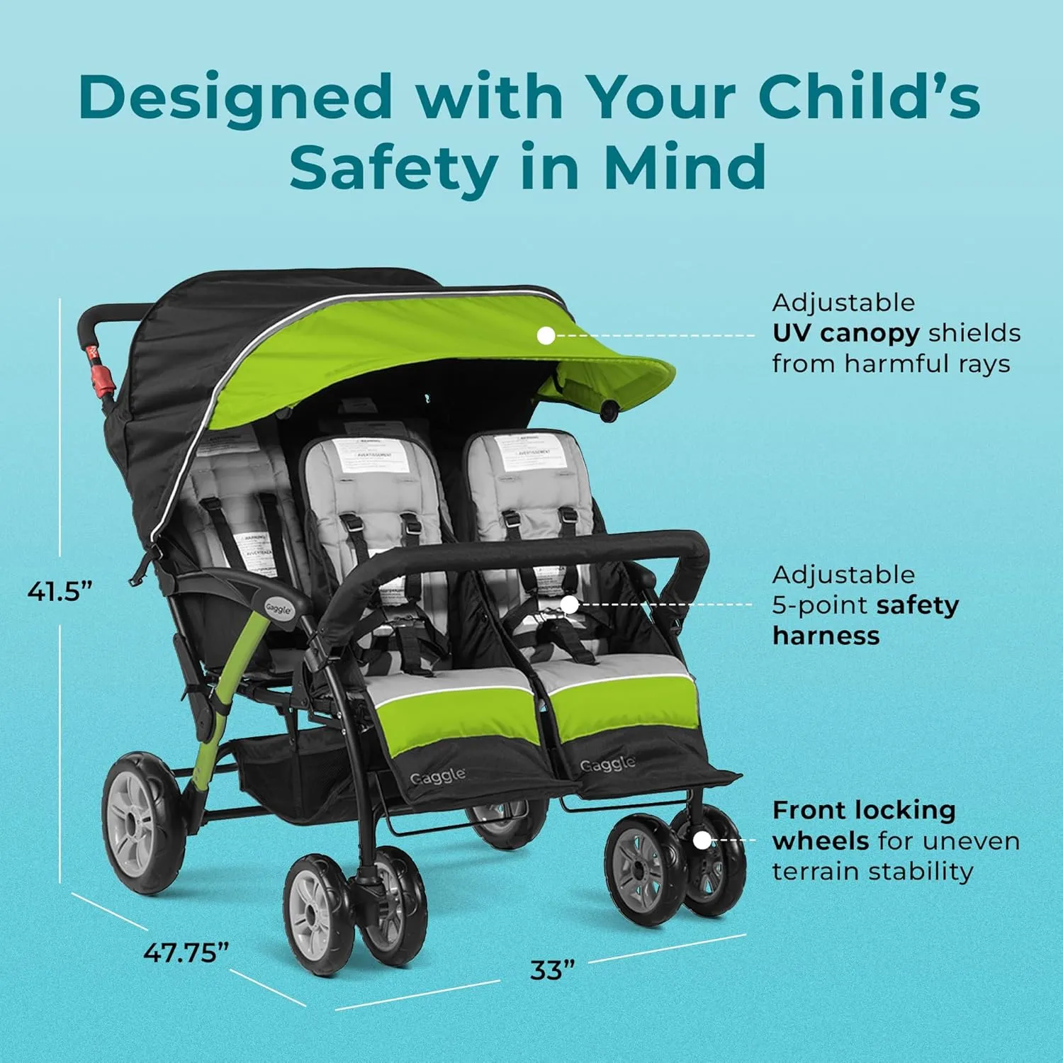 Gaggle by Foundations Sport Quad 4 Seat Stroller | 4-Seat Stroller for Daycare | Oversized UV Blocking Canopy | 5-Point Harness | Easy Loading | Storage Bucket | Lime