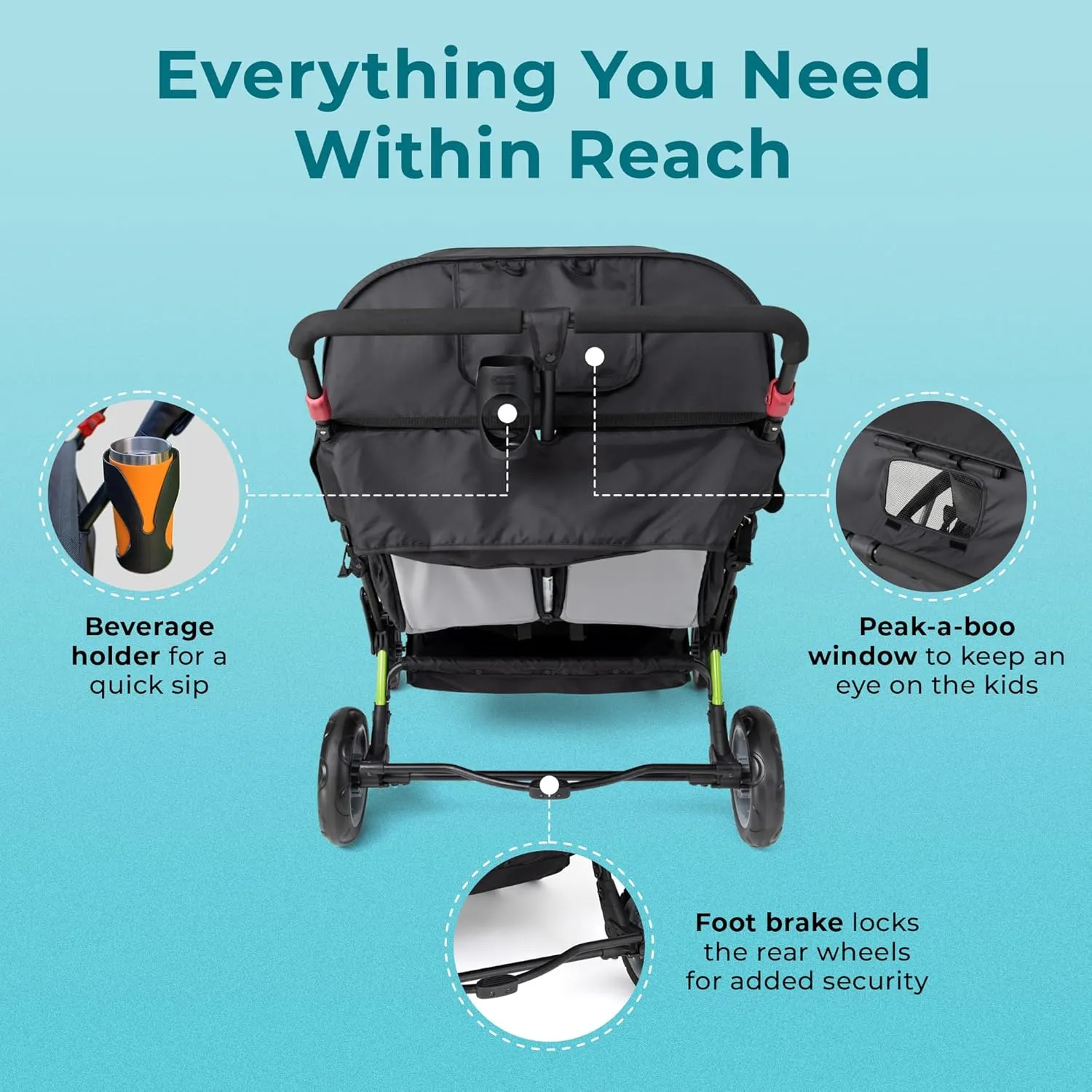 Gaggle by Foundations Sport Quad 4 Seat Stroller | 4-Seat Stroller for Daycare | Oversized UV Blocking Canopy | 5-Point Harness | Easy Loading | Storage Bucket | Lime
