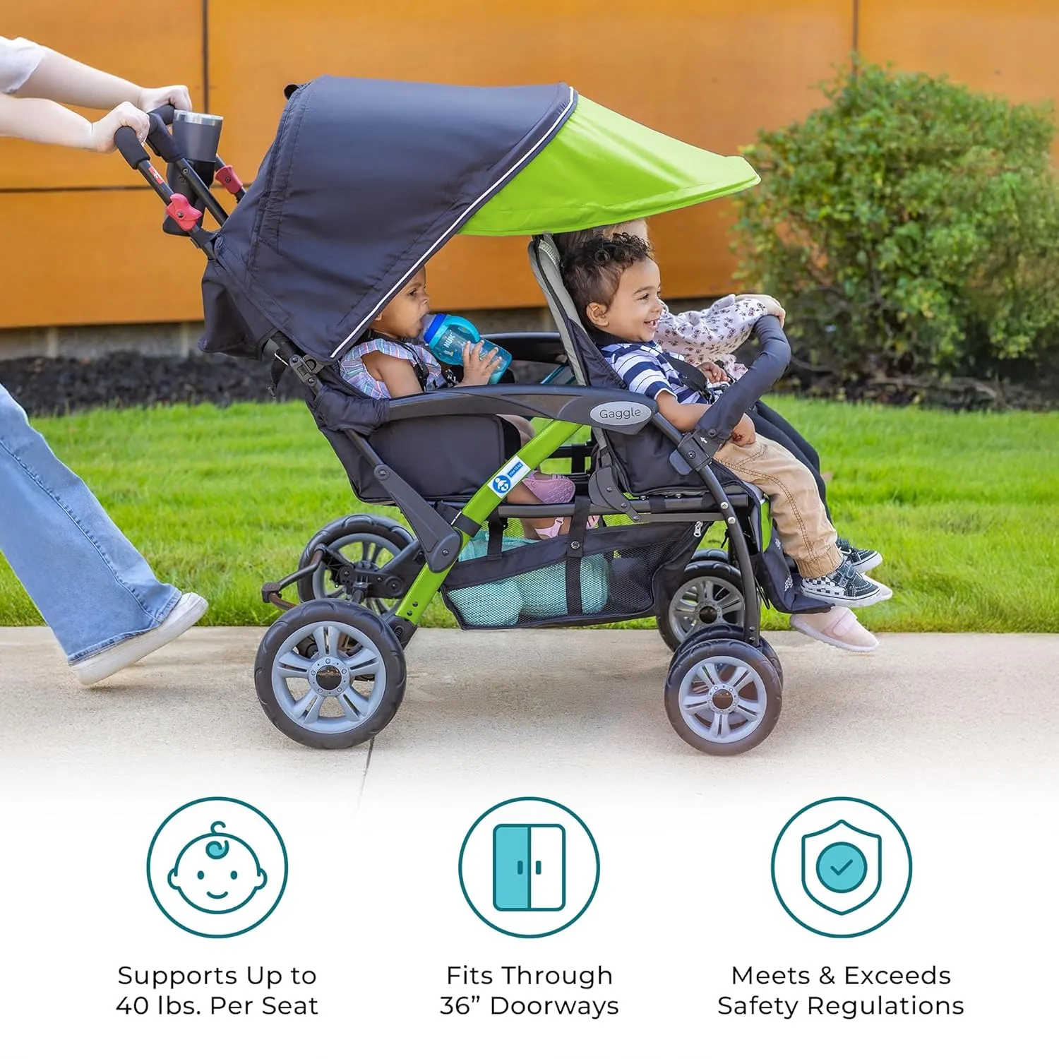 Gaggle by Foundations Sport Quad 4 Seat Stroller | 4-Seat Stroller for Daycare | Oversized UV Blocking Canopy | 5-Point Harness | Easy Loading | Storage Bucket | Lime