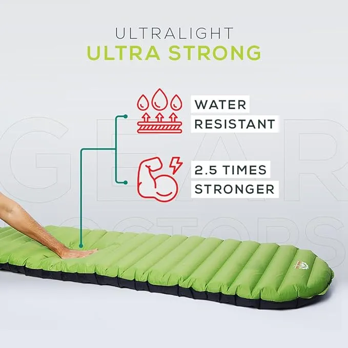 Gear Doctors Ultralight 25oz Camping Sleeping pad ApolloAir - Compact, Warm 5.2 R-Value 4 Season Air Mattress, Perfect for Backpacking, Hiking - Lightweight Inflatable & Compact Sleep Pad (Large)