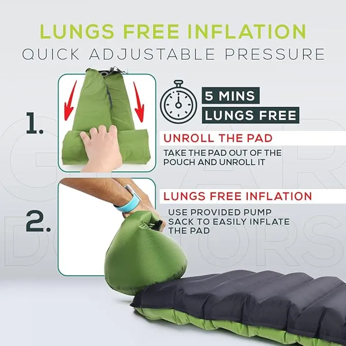 Gear Doctors Ultralight 25oz Camping Sleeping pad ApolloAir - Compact, Warm 5.2 R-Value 4 Season Air Mattress, Perfect for Backpacking, Hiking - Lightweight Inflatable & Compact Sleep Pad (Large)
