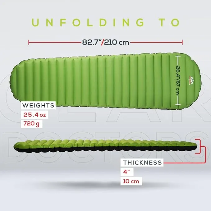 Gear Doctors Ultralight 25oz Camping Sleeping pad ApolloAir - Compact, Warm 5.2 R-Value 4 Season Air Mattress, Perfect for Backpacking, Hiking - Lightweight Inflatable & Compact Sleep Pad (Large)