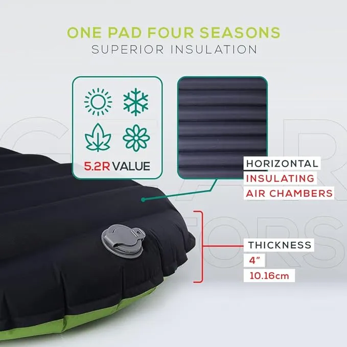 Gear Doctors Ultralight 25oz Camping Sleeping pad ApolloAir - Compact, Warm 5.2 R-Value 4 Season Air Mattress, Perfect for Backpacking, Hiking - Lightweight Inflatable & Compact Sleep Pad (Large)