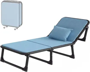 Generic Portable Folding Bed for Adults 4 x 360° Universal Wheels 6 Positions Adjustable Reclining Folding Camping Cot Free Cushion and Dusts Cover(Blue,190 * 63 * 35cm), OAKJSSVKA-BLUE-190*63*35CM