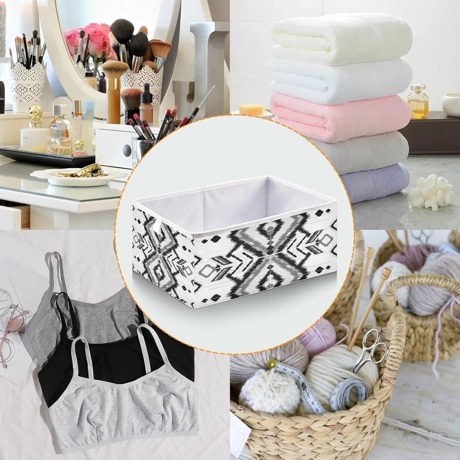 Geometric Ethnic Oriental Traditional Tribal Embroidery Style Square Foldable Cube Storage Basket Collapsible Fabric with Handles Bag Organizer Clothes for Home Bedroom 11 x 11 x 11 in