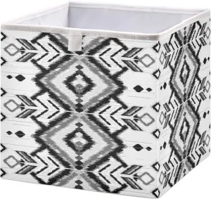 Geometric Ethnic Oriental Traditional Tribal Embroidery Style Square Foldable Cube Storage Basket Collapsible Fabric with Handles Bag Organizer Clothes for Home Bedroom 11 x 11 x 11 in