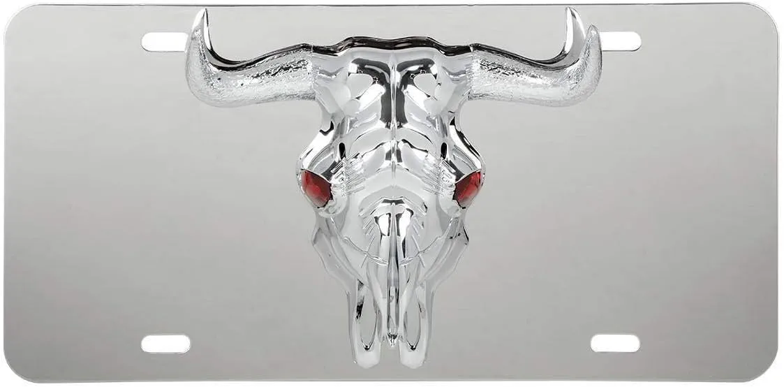 GG Grand General 60285 Stainless Steel License Plate w/3D Long Horn Emblem, 4 Holes, Chrome