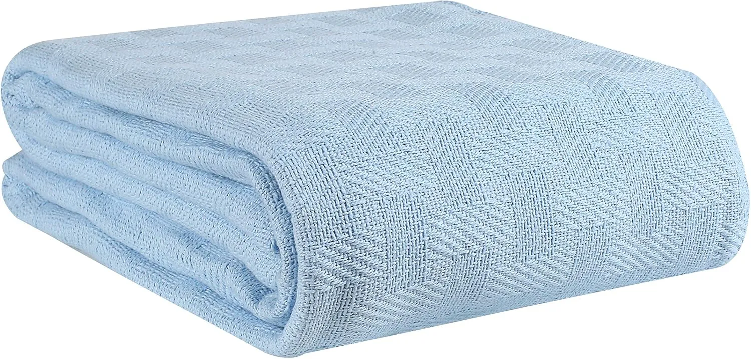 GLAMBURG 100% Cotton Bed Blanket, Breathable, Cotton Thermal Blankets, King Size - Perfect for Layering Any Bed for All Season - Sky Blue