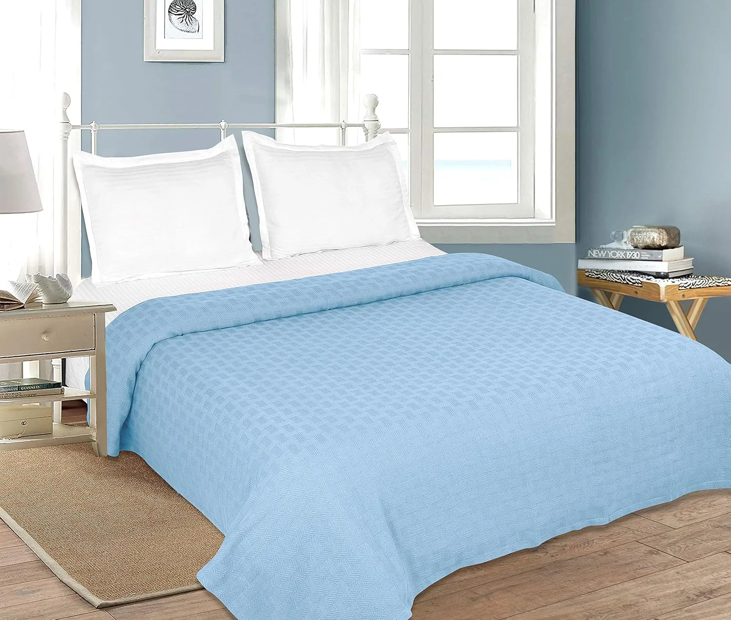 GLAMBURG 100% Cotton Bed Blanket, Breathable, Cotton Thermal Blankets, King Size - Perfect for Layering Any Bed for All Season - Sky Blue