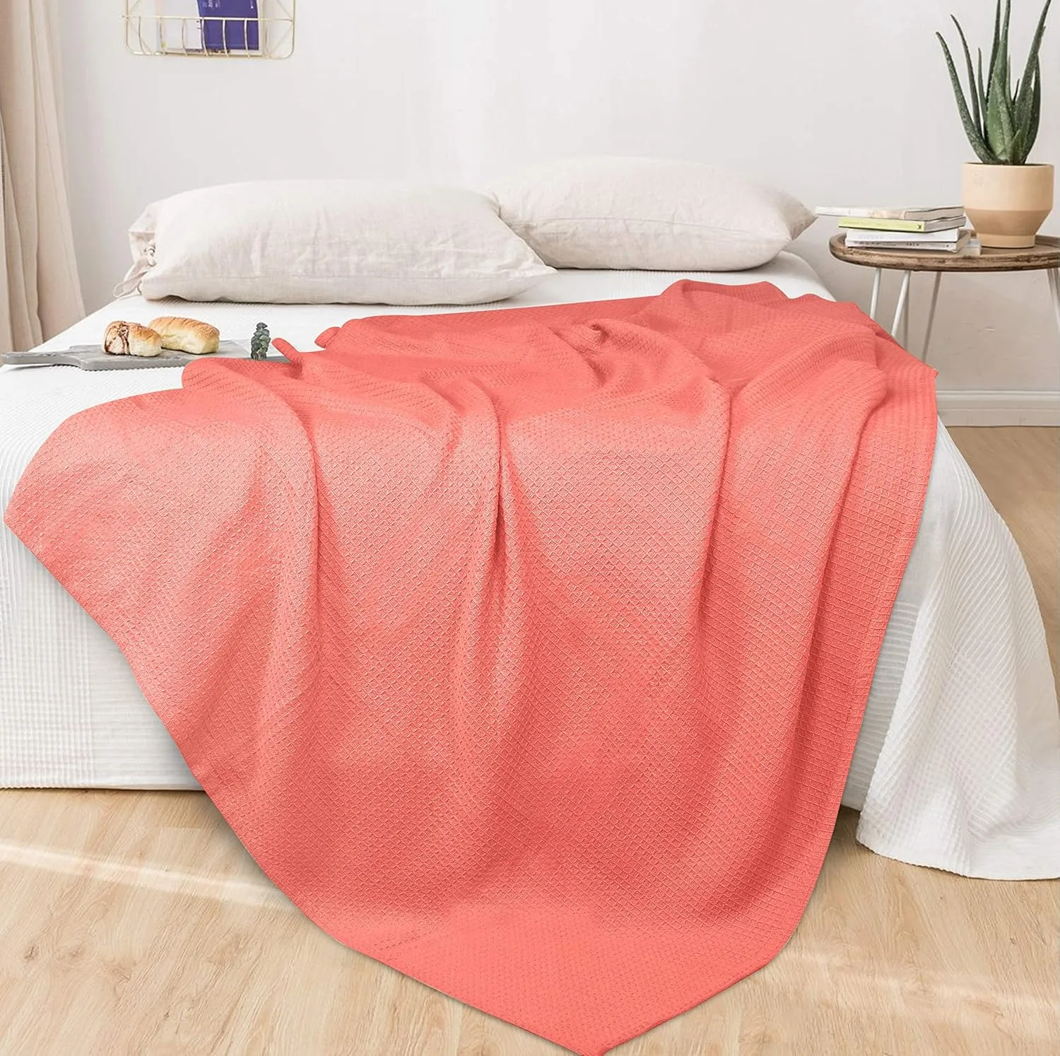 GLAMBURG 100% Cotton Thermal Blanket, Breathable Bed Blanket Twin Size, Soft Waffle Blanket, Twin Blanket, All Season Cotton Blanket, Coral