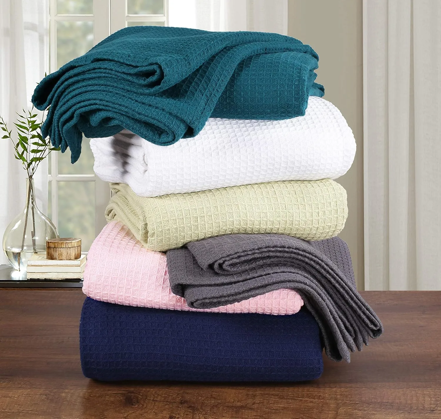 GLAMBURG 100% Cotton Thermal Blanket, Breathable Waffle Blanket, King Size, All Season, Peach