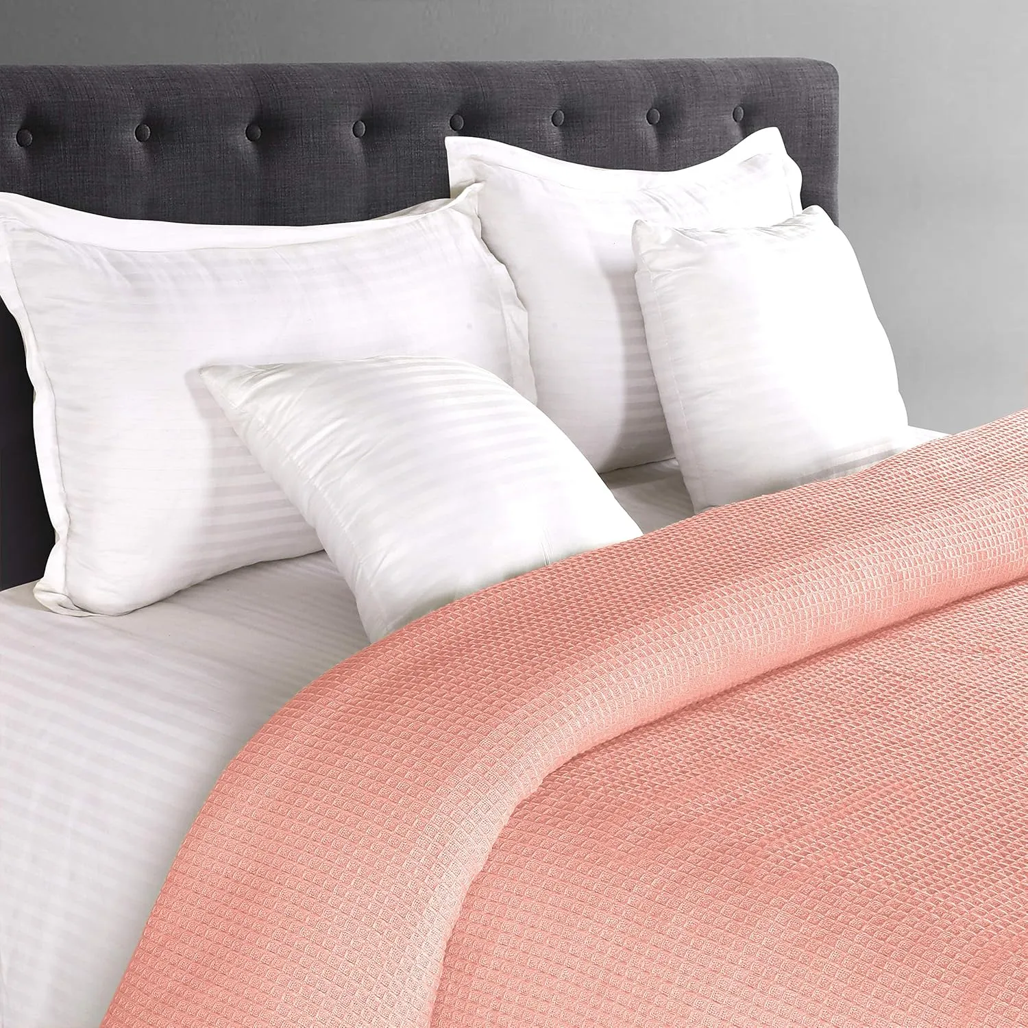 GLAMBURG 100% Cotton Thermal Blanket, Breathable Waffle Blanket, King Size, All Season, Peach