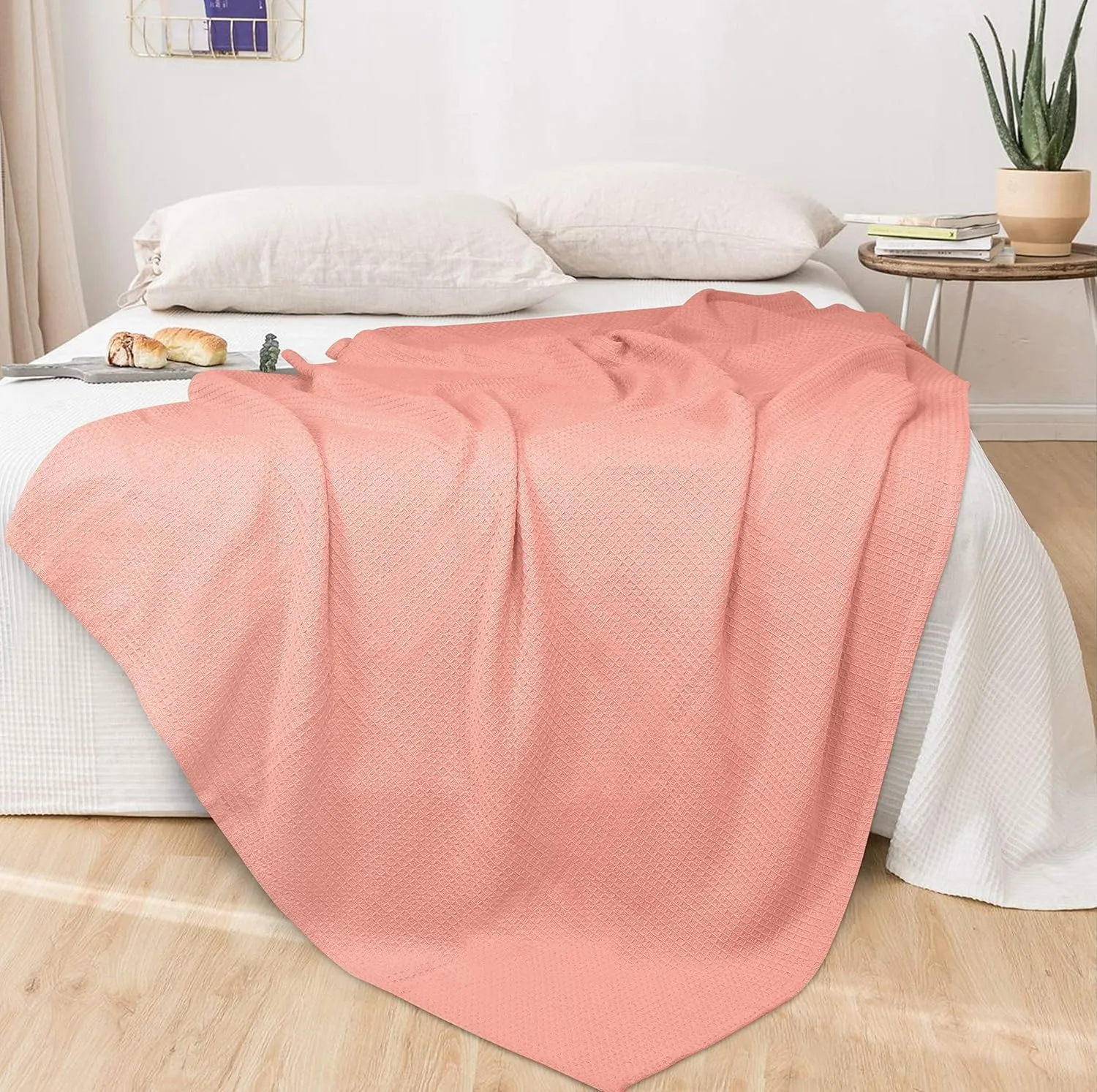 GLAMBURG 100% Cotton Thermal Blanket, Breathable Waffle Blanket, King Size, All Season, Peach