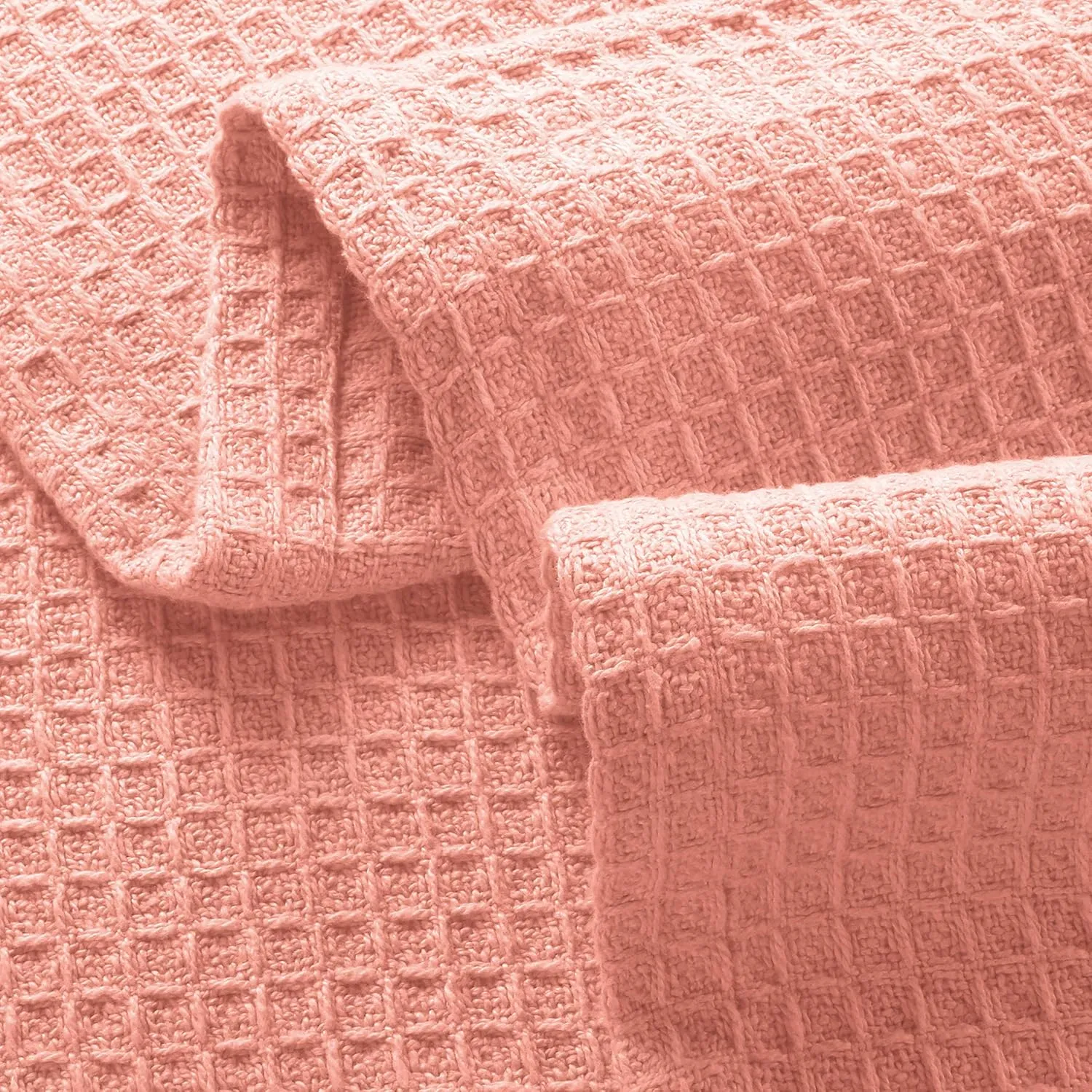 GLAMBURG 100% Cotton Thermal Blanket, Breathable Waffle Blanket, King Size, All Season, Peach
