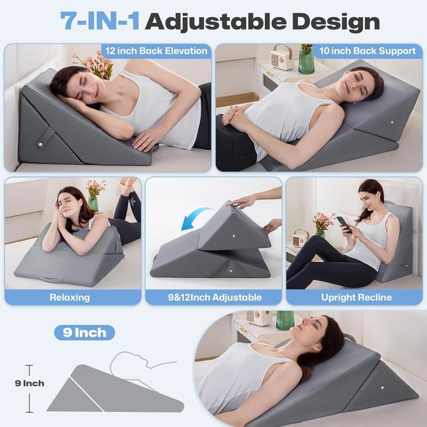 GOHOME Wedge Pillow for Headboard, 12 Inch Adjustable Memory Foam Bed Wedge Pillow for Sleeping - Acid Reflux, After Surgery, Snoring, Neck Pain and Back Pain, Grey
