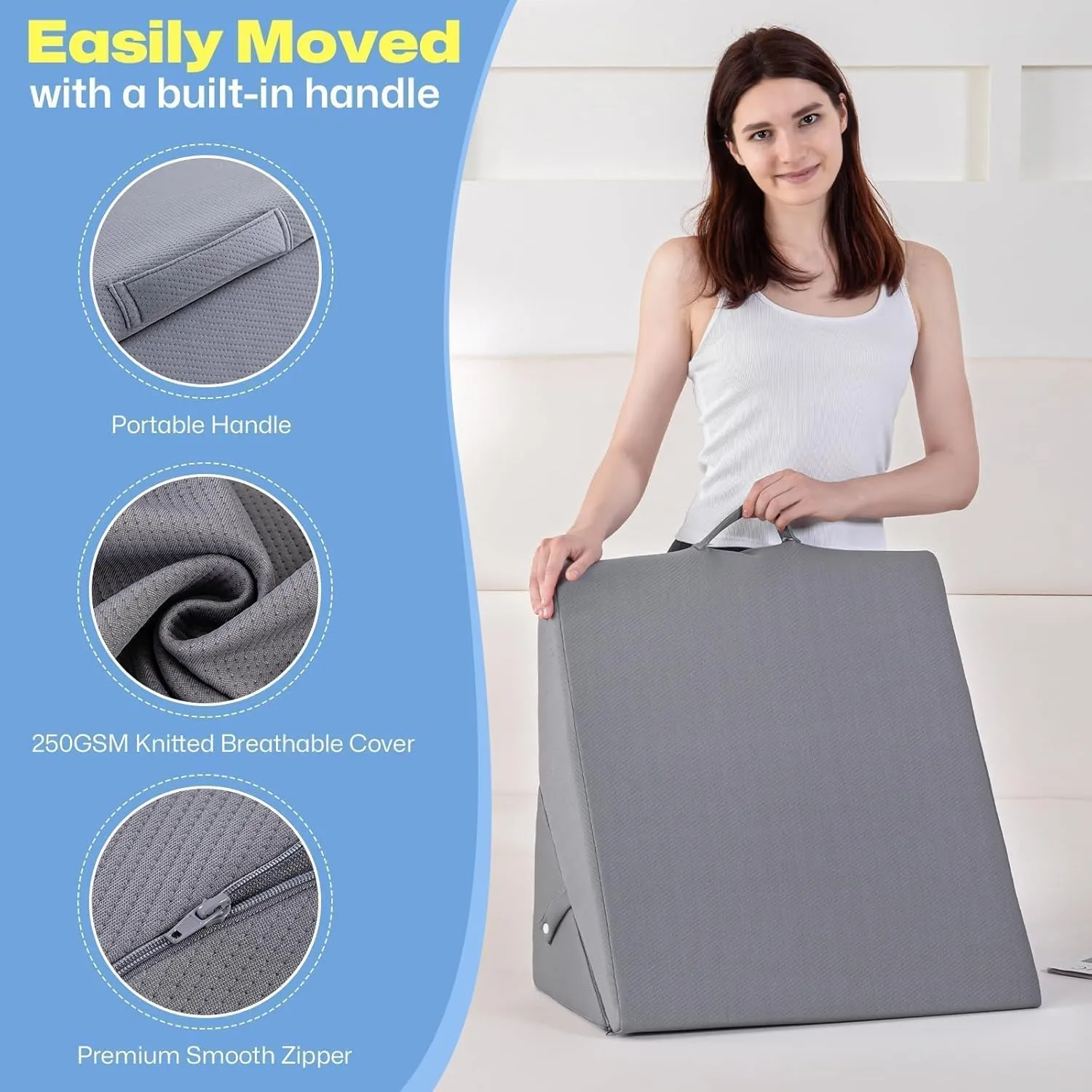 GOHOME Wedge Pillow for Headboard, 12 Inch Adjustable Memory Foam Bed Wedge Pillow for Sleeping - Acid Reflux, After Surgery, Snoring, Neck Pain and Back Pain, Grey