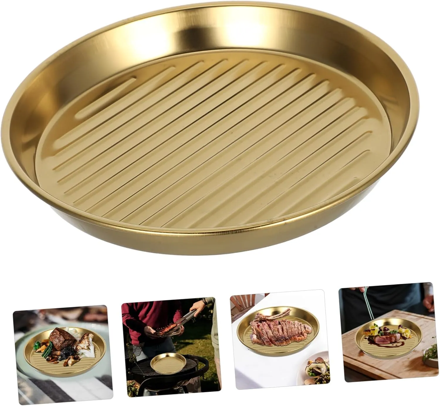 Golden Stainless Steel Round Plate Elegant Serving Platter for Bbq Seafood and Snacks User-friendly Design for Home Gatherings and Outdoor Picnics