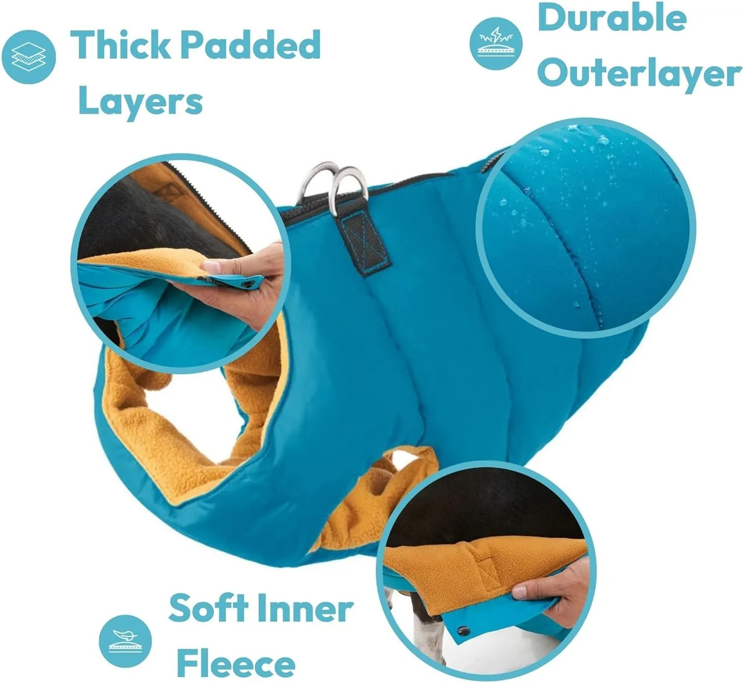 Gooby Padded Vest Dog Jacket - Solid Blue, Large - Warm Zip Up Vest Fleece Jacket with Dual D Ring Leash - Winter Water Resistant Sweater - Clothes for Small and Medium Dogs