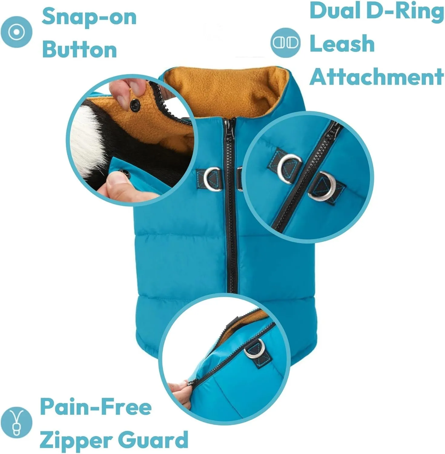 Gooby Padded Vest Dog Jacket - Solid Blue, Large - Warm Zip Up Vest Fleece Jacket with Dual D Ring Leash - Winter Water Resistant Sweater - Clothes for Small and Medium Dogs