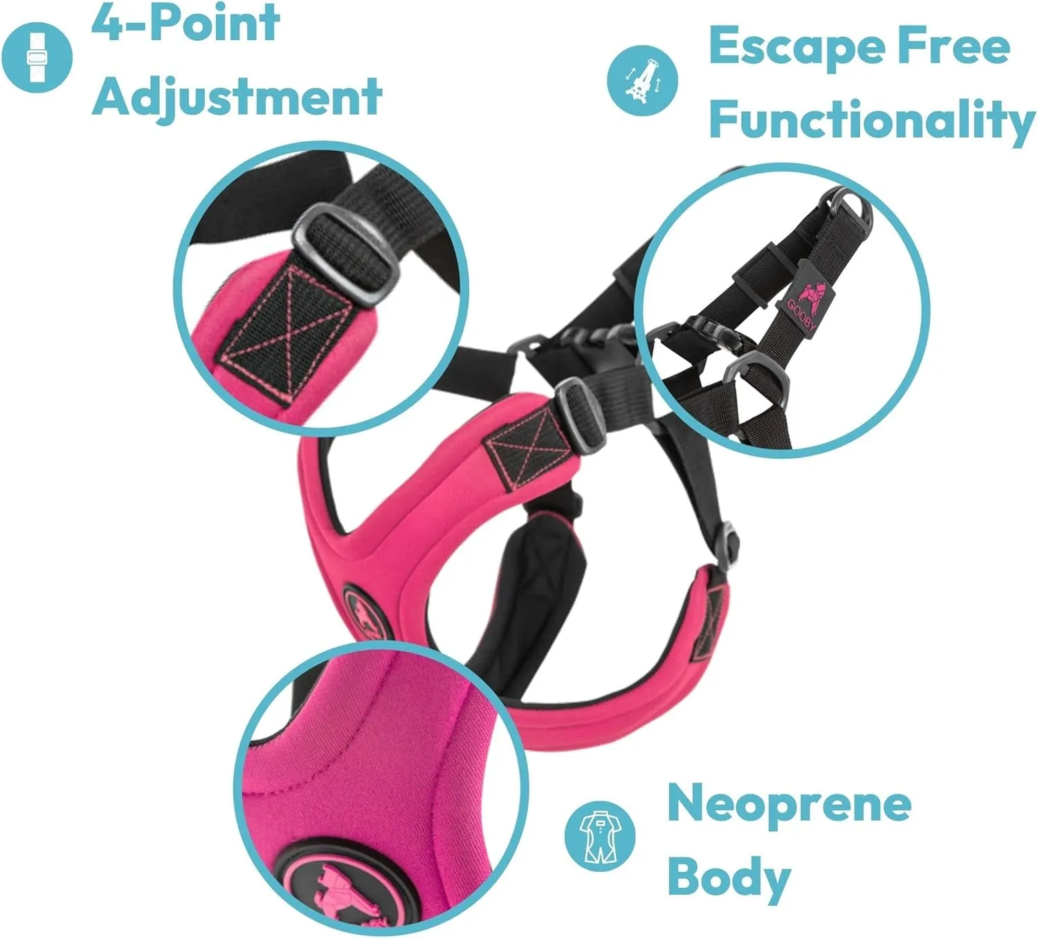 Gooby Sporty Escape Free Harness, Medium - Black, Neoprene, No-Pull, 4-Point Adjustment for Small Dogs up to 35 lbs