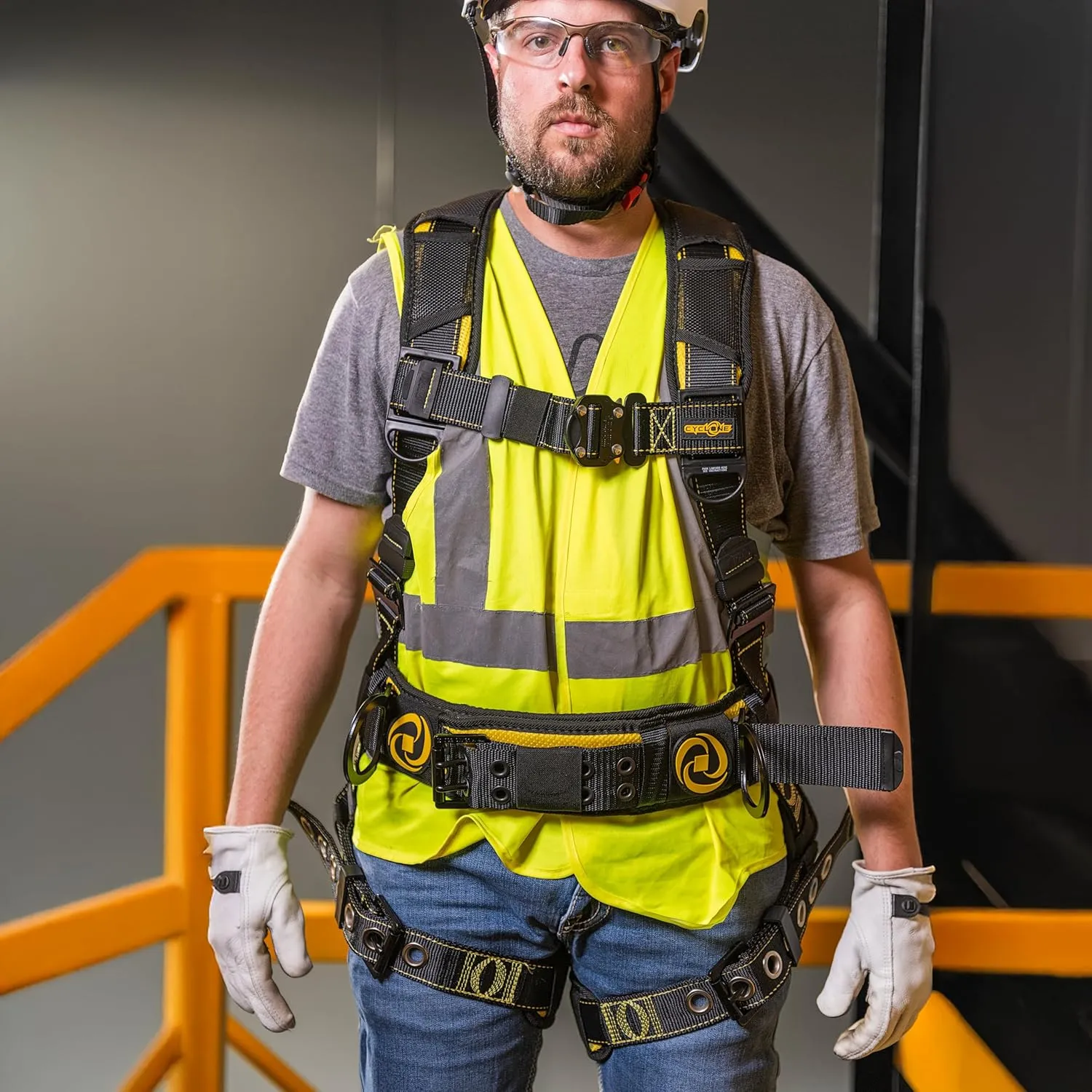 Guardian 21029 Cyclone Construction Harness with Waist Pad | Side D-Rings | OSHA & ANSI Compliant | Black/Yellow | Small