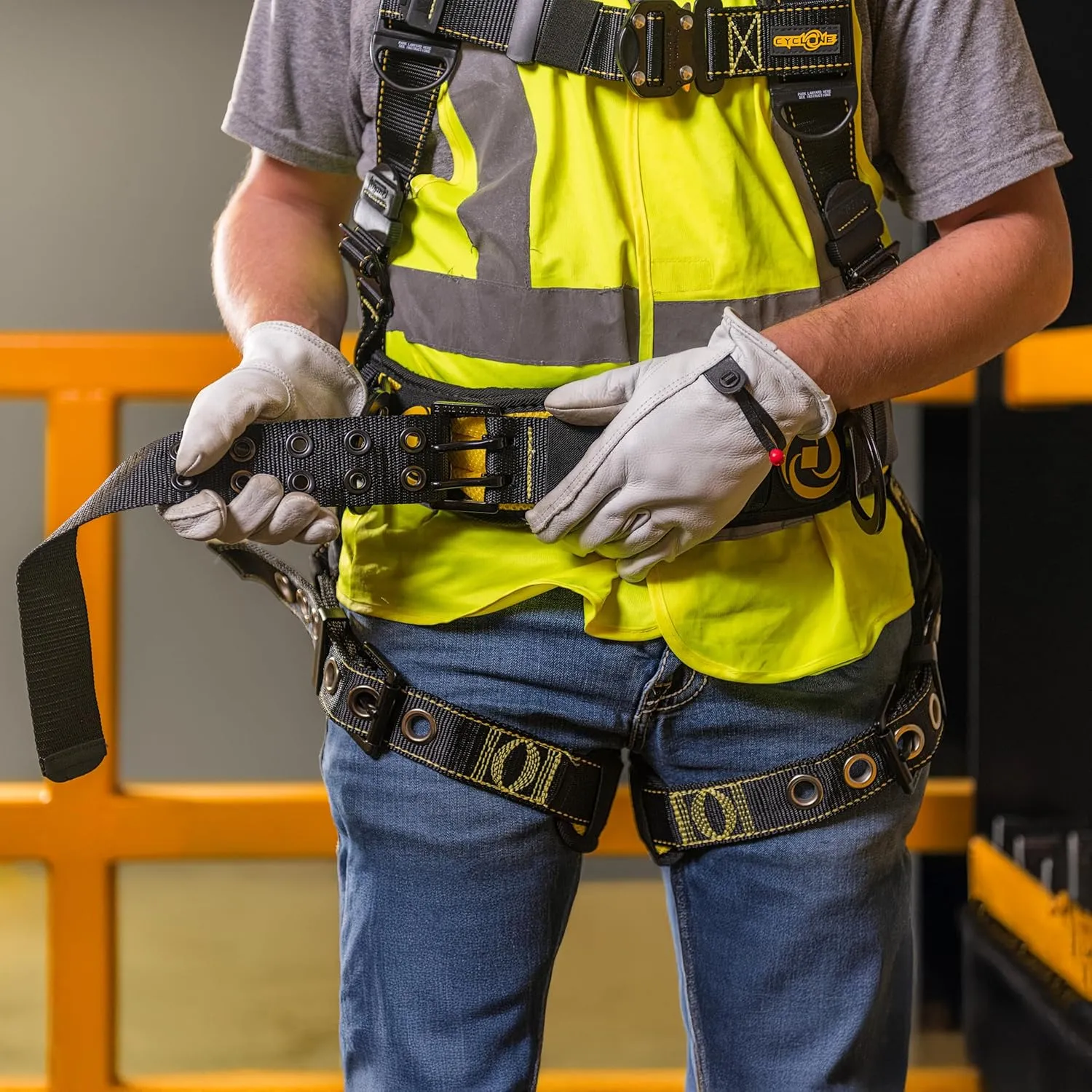 Guardian 21029 Cyclone Construction Harness with Waist Pad | Side D-Rings | OSHA & ANSI Compliant | Black/Yellow | Small
