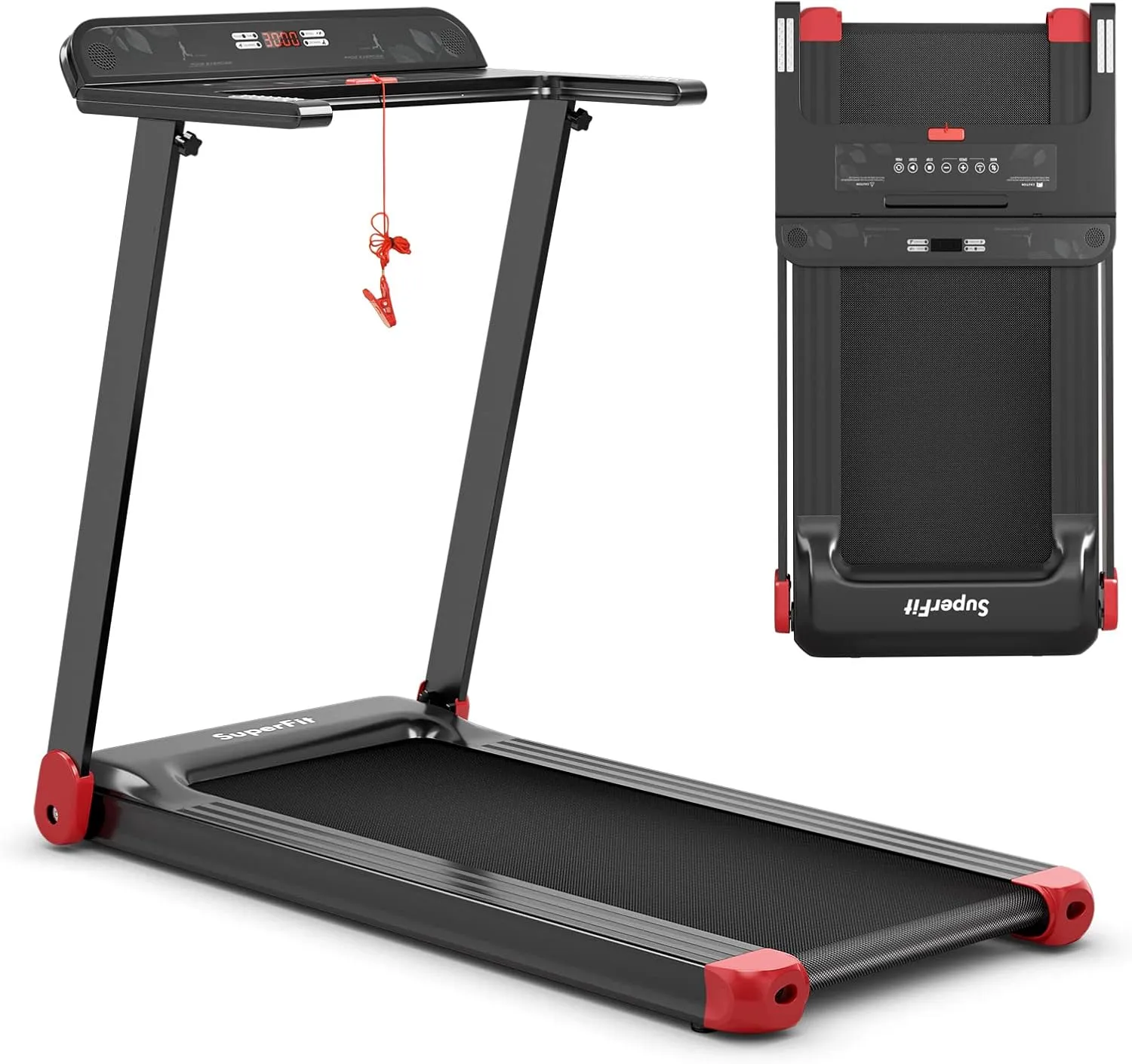 GYMAX Folding Treadmill, Smart APP Control Running Machine with LCD Monitor & Adjustable Device Holder, Portable Treadmill for Home Gym Small Apartment (Red)