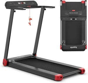 GYMAX Folding Treadmill, Smart APP Control Running Machine with LCD Monitor & Adjustable Device Holder, Portable Treadmill for Home Gym Small Apartment (Red)