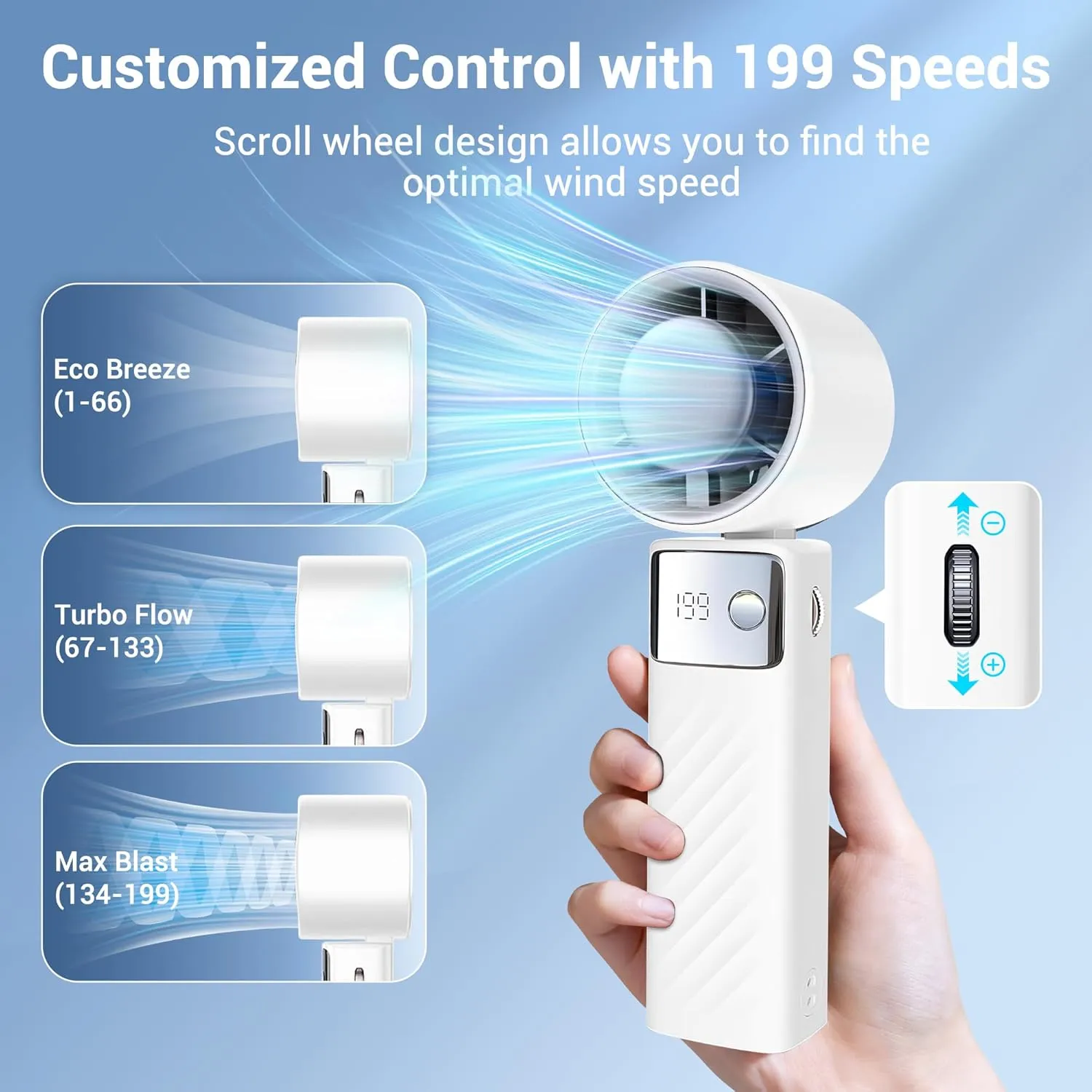 Handheld Fan, Powerful Portable Fans [20Hrs Max Cooling], Turbo Mini Fans,105° Personal Rechargeable Fan, 1-199 Speed, Foldable, LED Display, Gifts for Women Men Outdoor Indoor(​Pearl White)