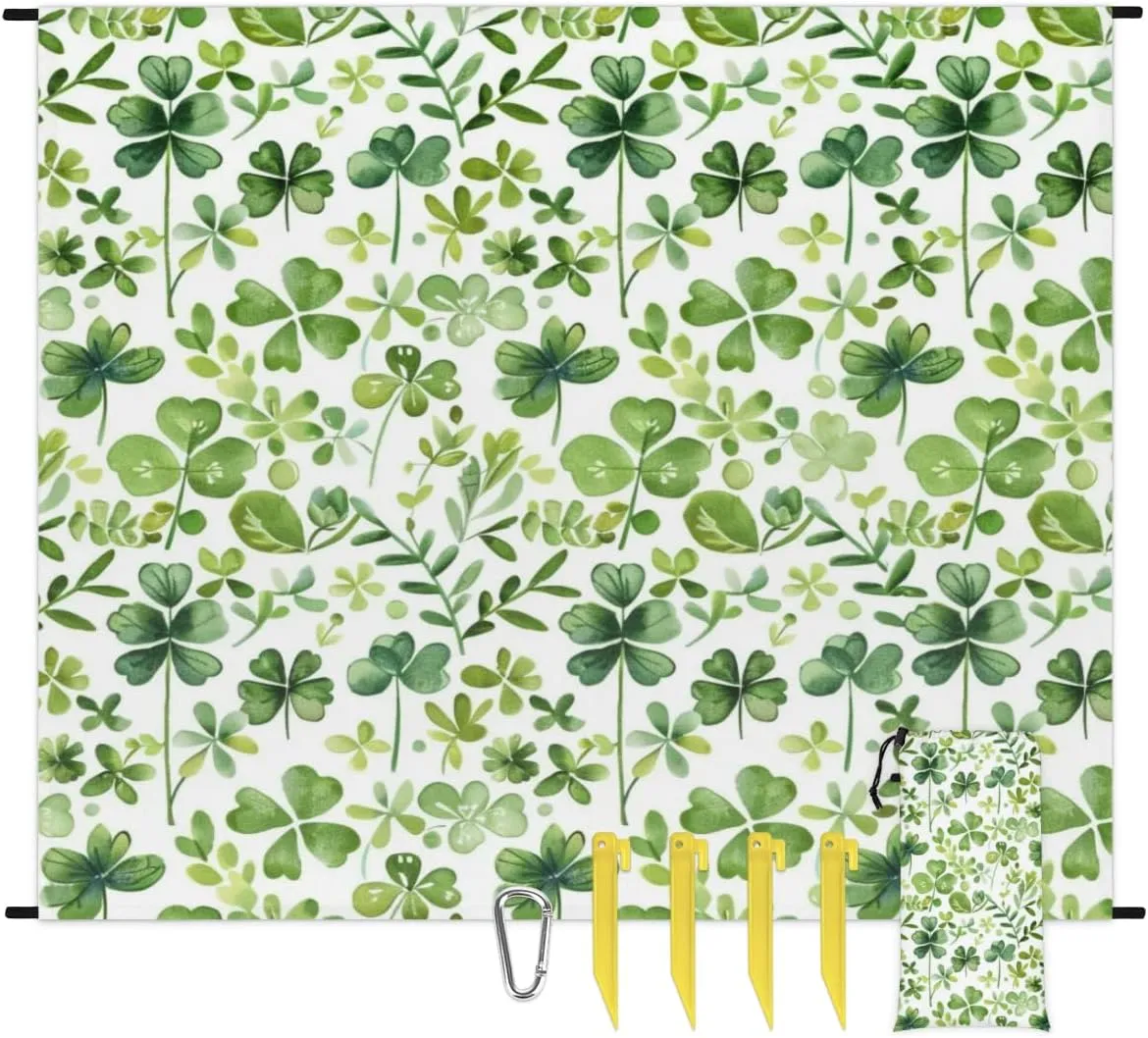 Happy St. Patrick's Day Beach Blanket, Sandproof Beach Mat, Adults Waterproof Quick Drying Sand Free Mat with 4 x Ground Spikes for Outdoor Travel Camping Hiking, Green Clover Shamrock