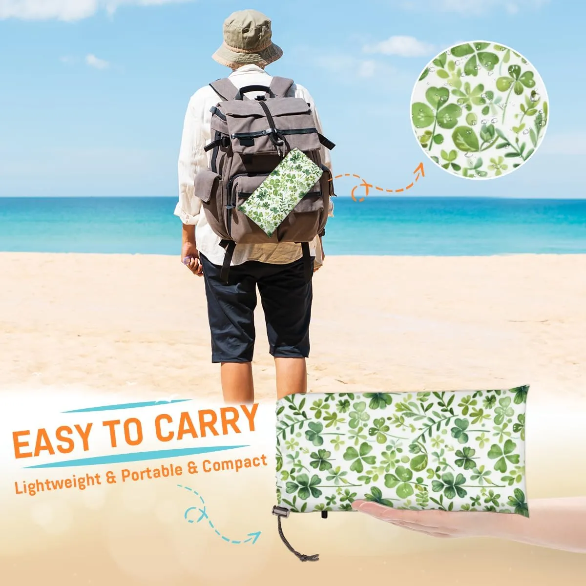 Happy St. Patrick's Day Beach Blanket, Sandproof Beach Mat, Adults Waterproof Quick Drying Sand Free Mat with 4 x Ground Spikes for Outdoor Travel Camping Hiking, Green Clover Shamrock