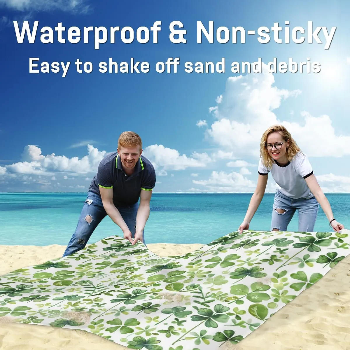 Happy St. Patrick's Day Beach Blanket, Sandproof Beach Mat, Adults Waterproof Quick Drying Sand Free Mat with 4 x Ground Spikes for Outdoor Travel Camping Hiking, Green Clover Shamrock