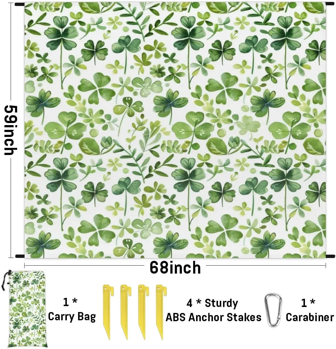 Happy St. Patrick's Day Beach Blanket, Sandproof Beach Mat, Adults Waterproof Quick Drying Sand Free Mat with 4 x Ground Spikes for Outdoor Travel Camping Hiking, Green Clover Shamrock