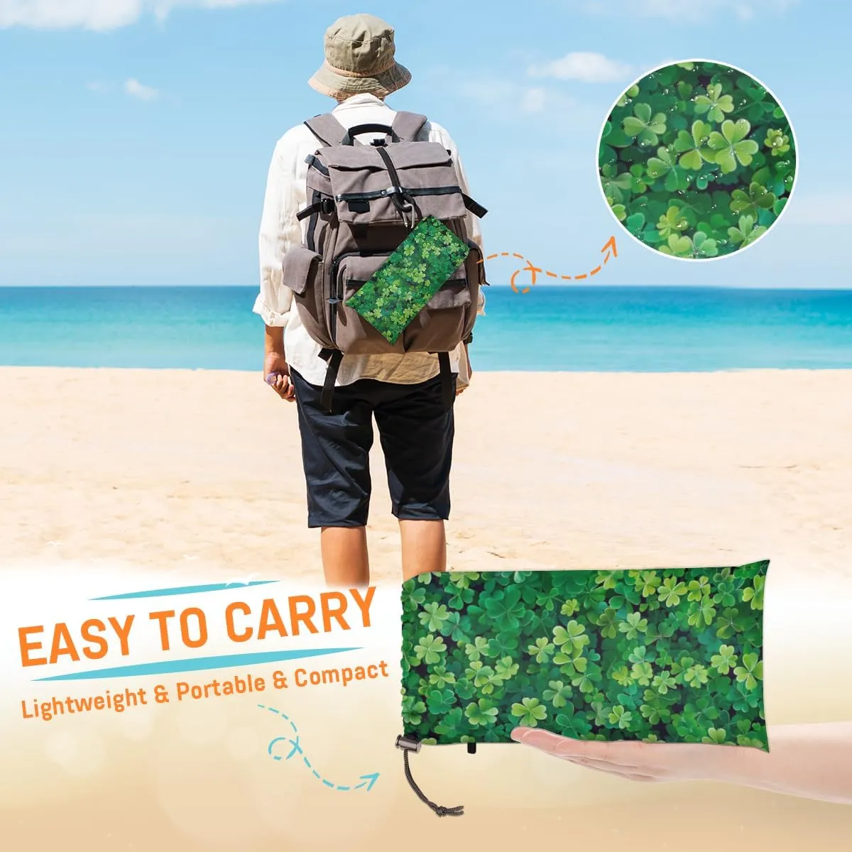 Happy St. Patrick's Day Beach Blanket, Sandproof Beach Mat, Adults Waterproof Quick Drying Sand Free Mat with 4 x Ground Spikes for Outdoor Travel Camping Hiking, Lucky Clover Leaves Shamrock